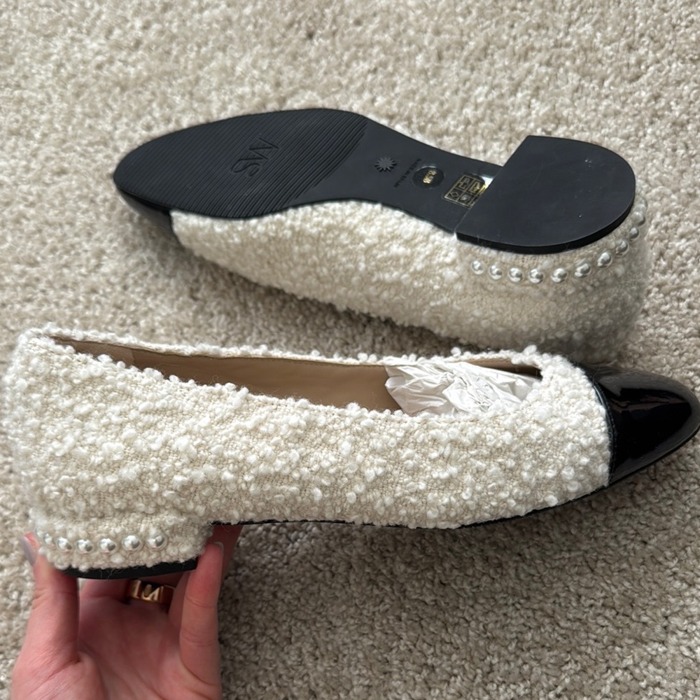 Stuart Weitzman Women's Shearling - Cream and Black with Pearls Ballet Flats - Picture 3 of 4
